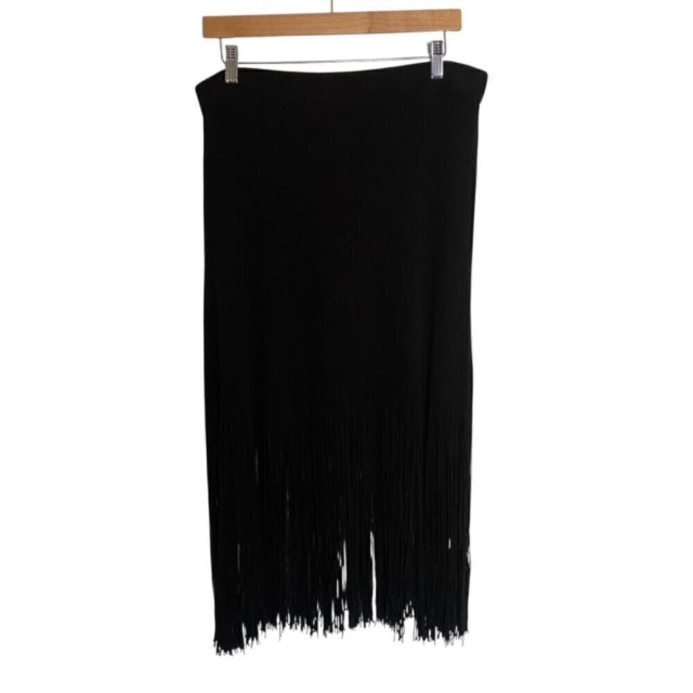 Nic + Zoe Black Linen Blend Fringe Skirt Medium